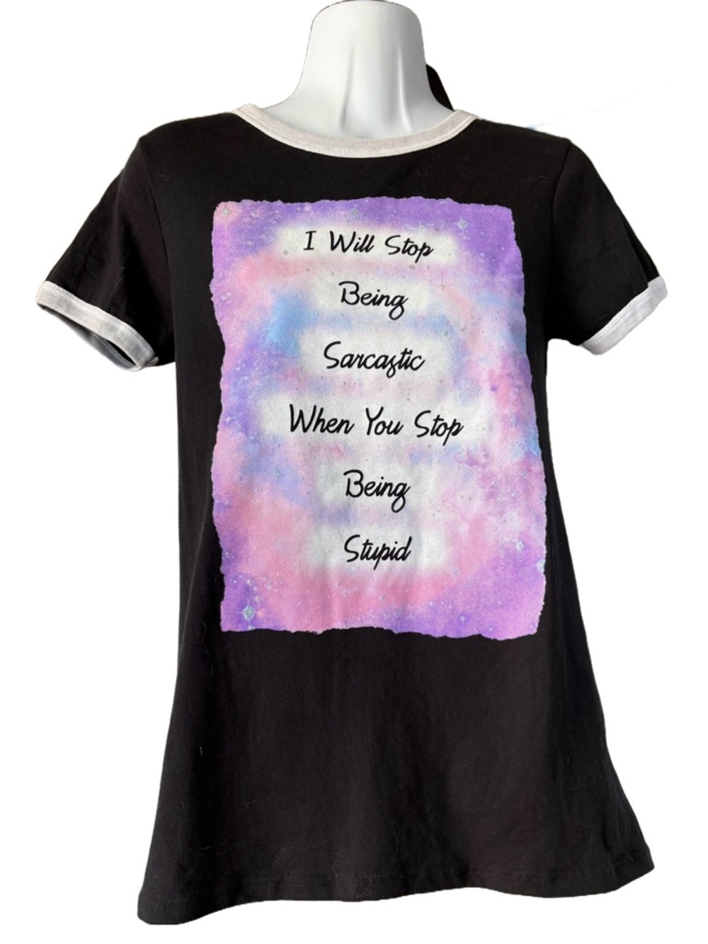 Black Graphic Sarcasm Tee with Pastel Galaxy Print - Women